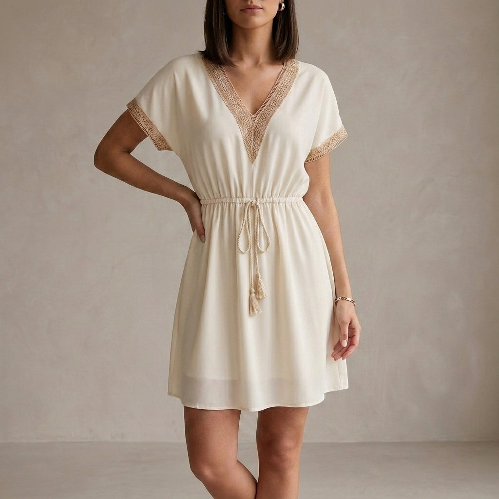 Lightweight Lace-Trimmed Mini Dress with Cinched Waist and V-Neckline