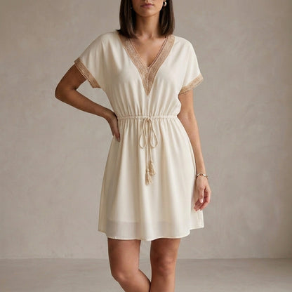 Lightweight Lace-Trimmed Mini Dress with Cinched Waist and V-Neckline