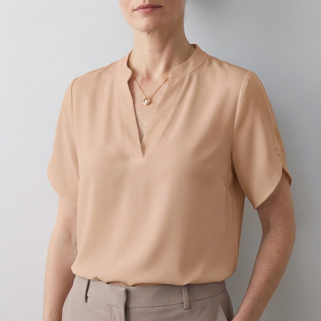 Dionne Relaxed V-Neck Blouse with Band Collar and Split Sleeves