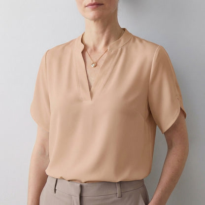 Dionne Relaxed V-Neck Blouse with Band Collar and Split Sleeves