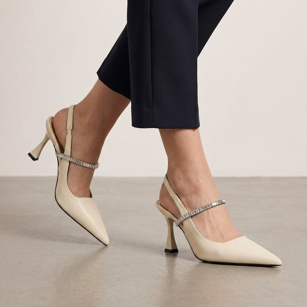 Elegant Pointed Slingback Heels with Crystal Strap Evening Detail