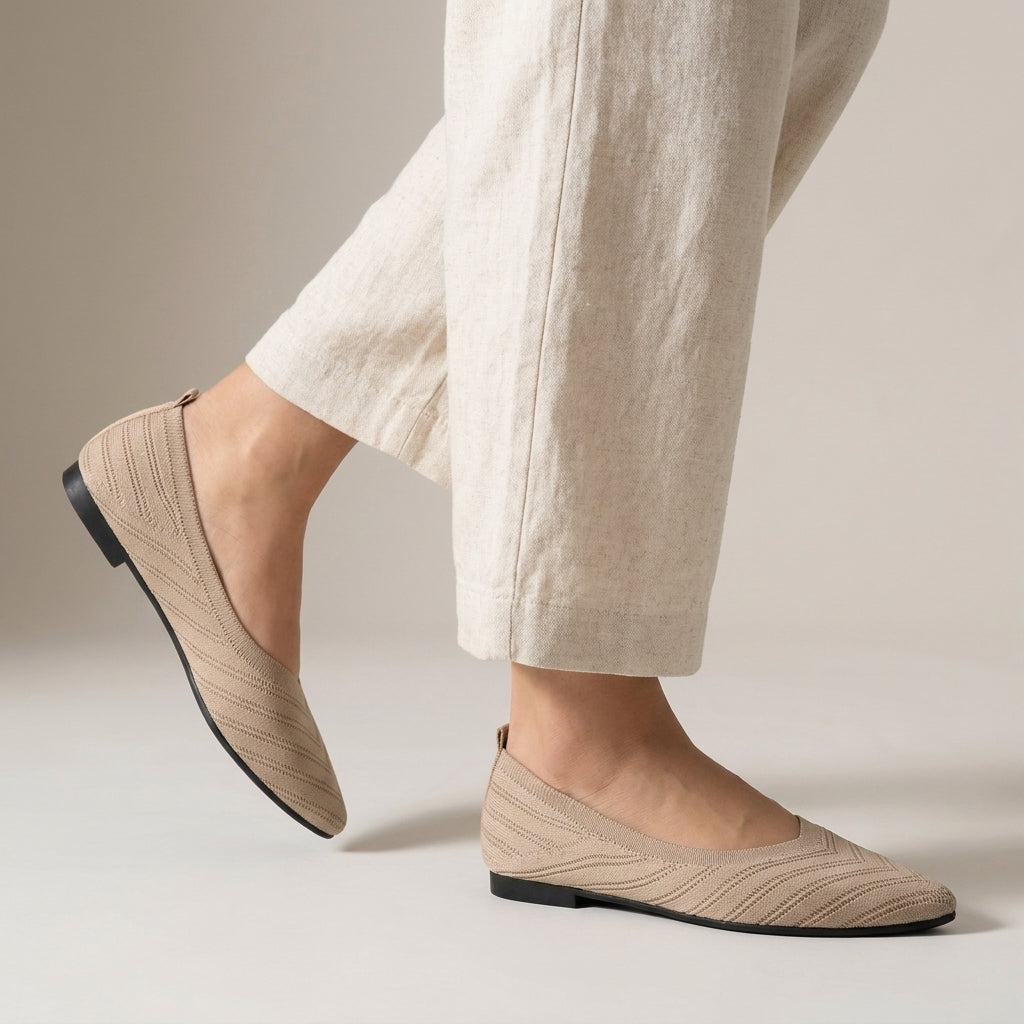 Ribbed Knit Pointed-Toe Flats with V-Cut Silhouette