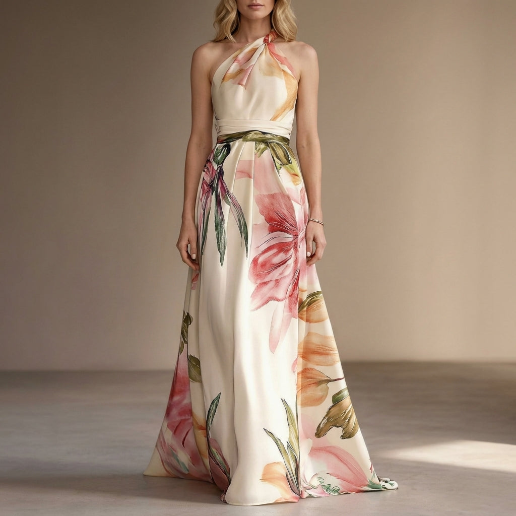 Floral Print Halter Maxi Dress with Defined Waist Detail