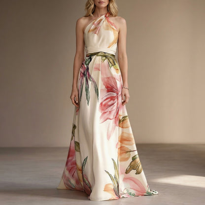 Floral Print Halter Maxi Dress with Defined Waist Detail