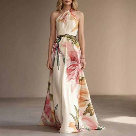Floral Print Halter Maxi Dress with Defined Waist Detail