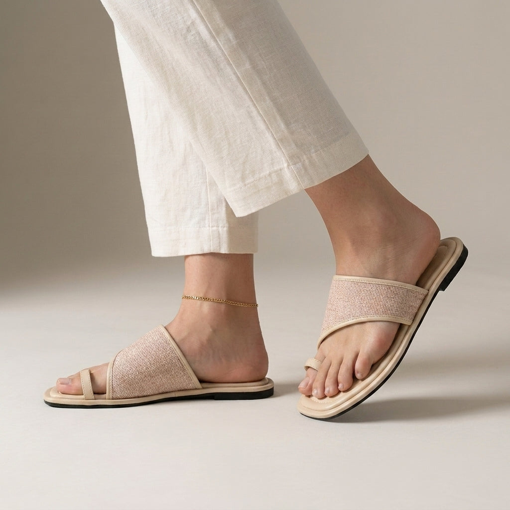 Asymmetrical Woven Toe-Loop Slide Sandals with Cushioned Footbed