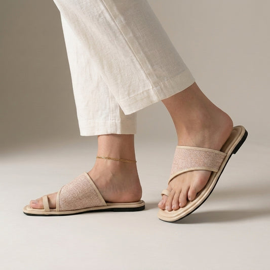 Asymmetrical Woven Toe-Loop Slide Sandals with Cushioned Footbed