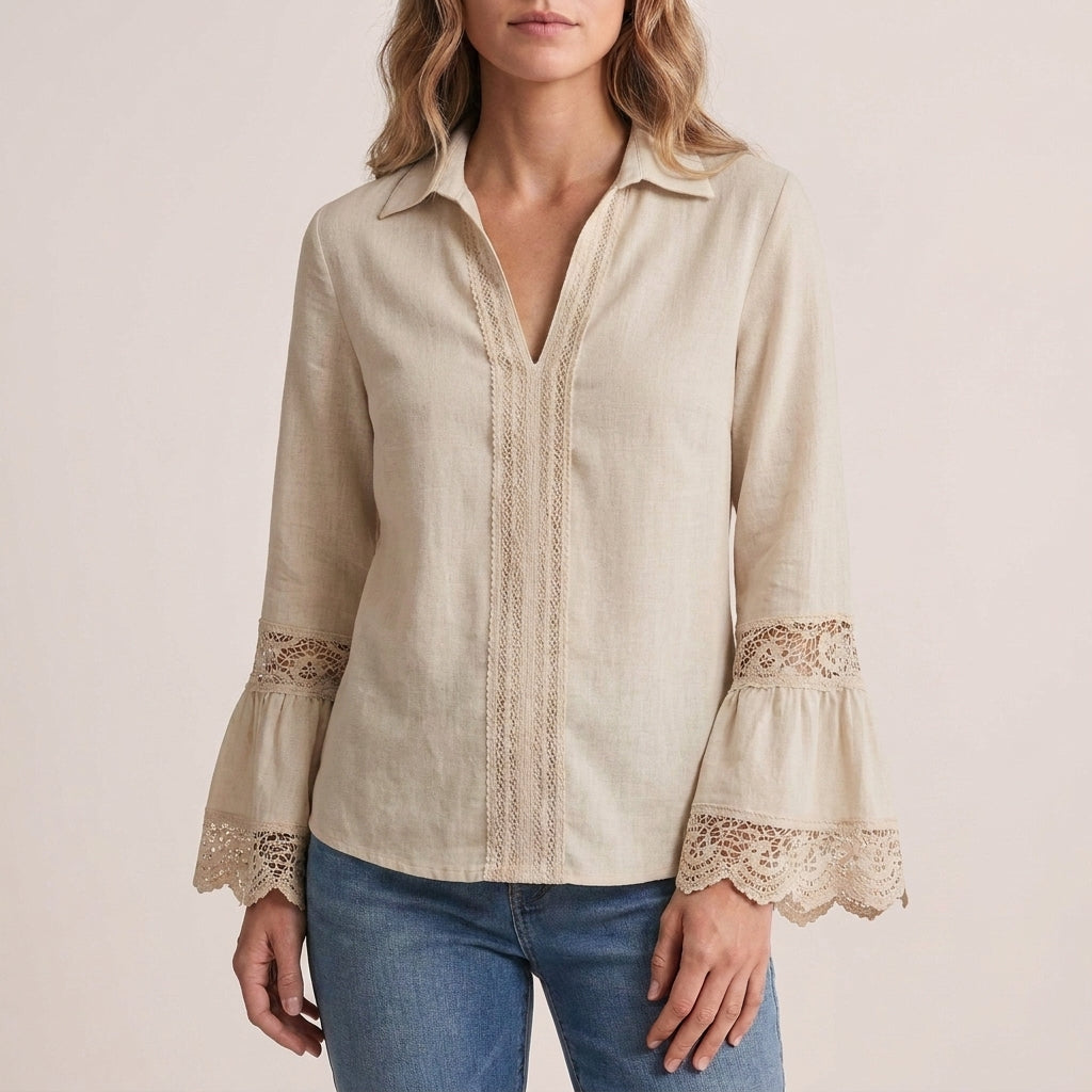 Relaxed Fit Lace-Trim Pullover Shirt with Bell Sleeves and V-Neck