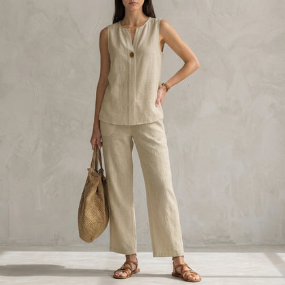 Minimalist Sleeveless V-Neck Vest and Flowing Wide-Leg Pants Set