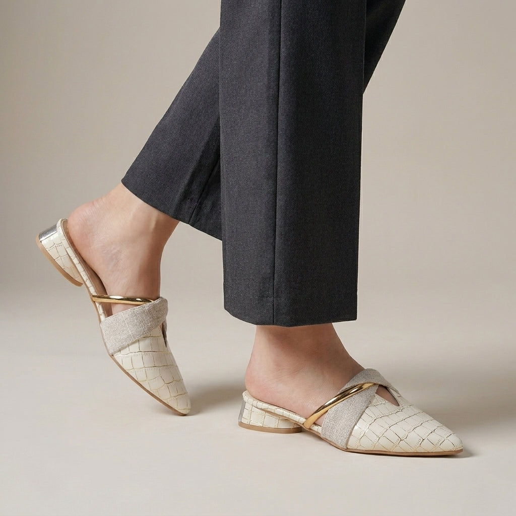 Structured Embossed Pointed Mules with Metallic Accent