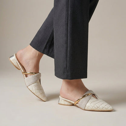 Structured Embossed Pointed Mules with Metallic Accent