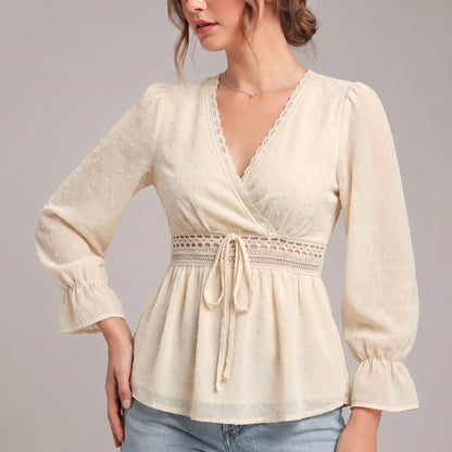Romantic V-Neck Wrap Blouse with Lace Detailing and Ruffled Sleeves