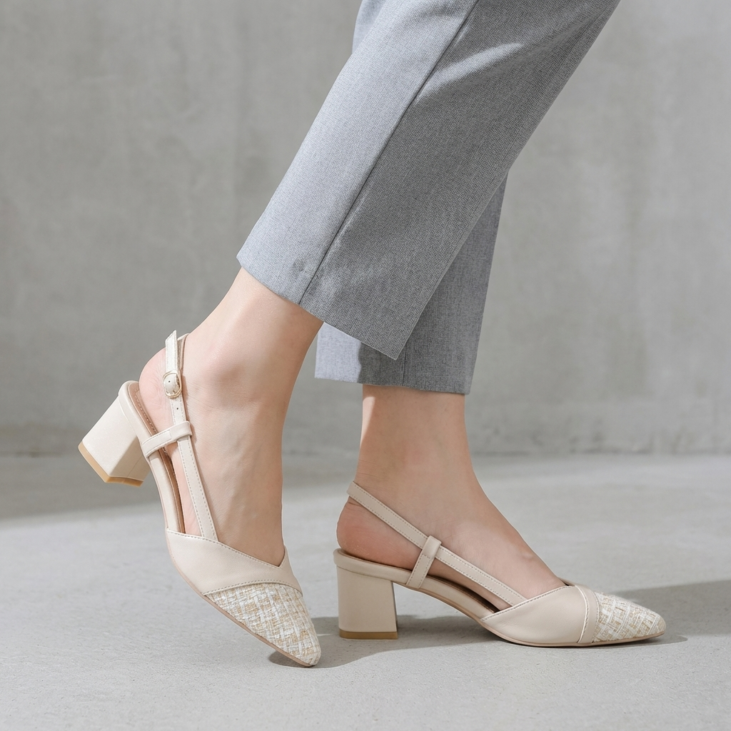 Pointed Toe Chunky Heel Slingback Sandals with Woven Textured Detail