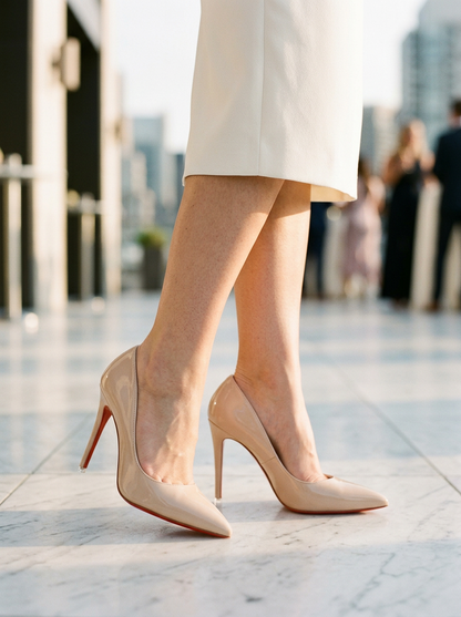 Sleek Pointed Toe Stiletto Pumps with Glossy Finish and Contrast Sole