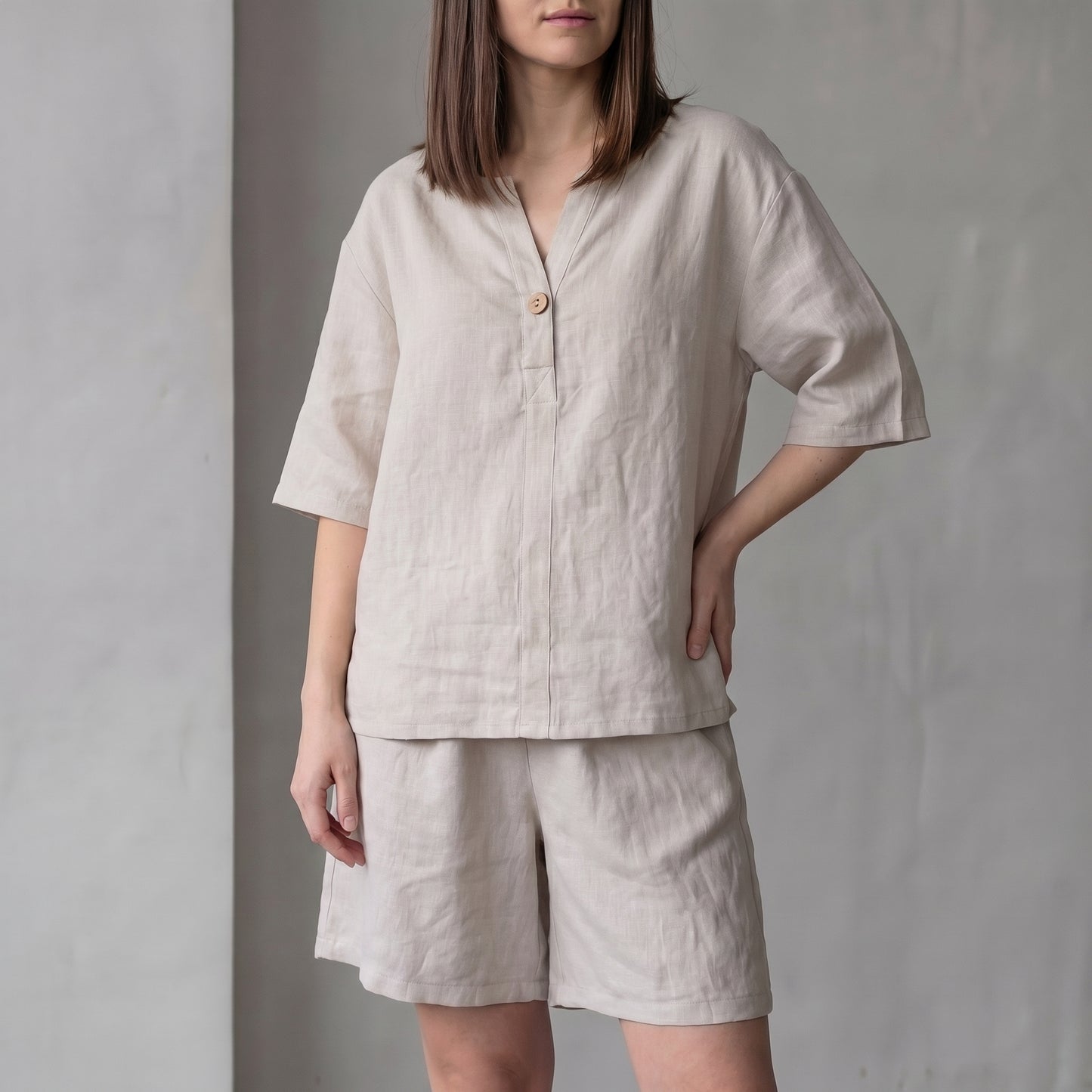 Oversized Woven Two-Piece Set with V-Neck Shirt and High-Waist Shorts