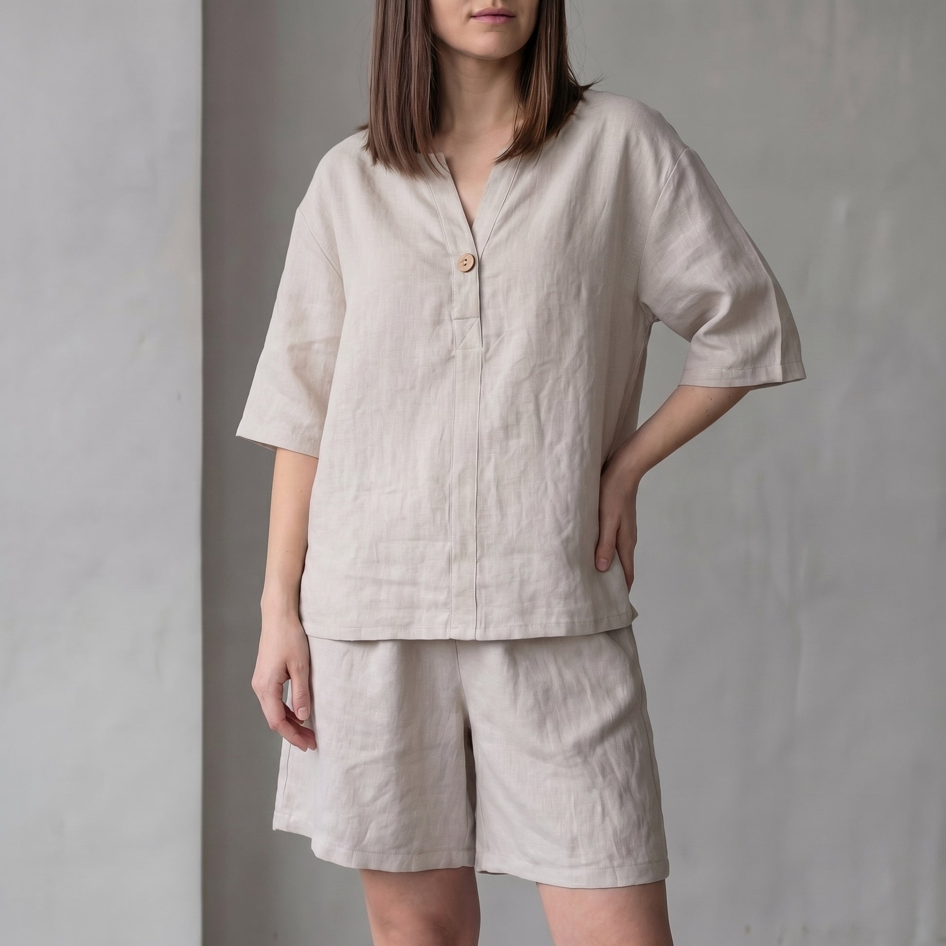 Oversized Woven Two-Piece Set with V-Neck Shirt and High-Waist Shorts