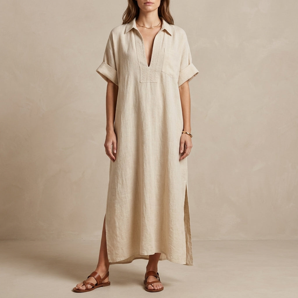 Minimalist Oversized Maxi Dress with Embroidered Placket and Shirt Collar