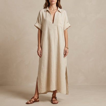 Minimalist Oversized Maxi Dress with Embroidered Placket and Shirt Collar