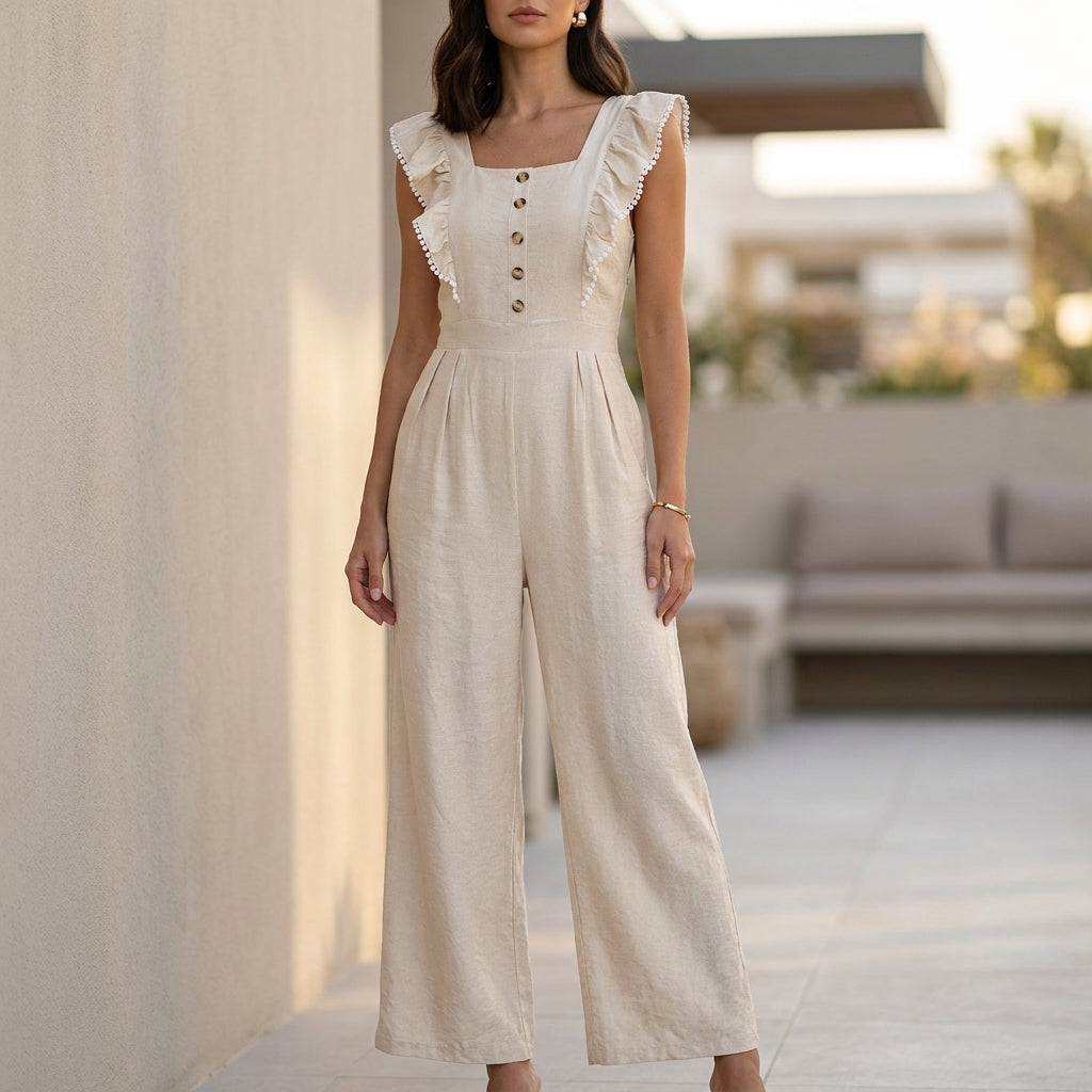 Tailored Wide-Leg Jumpsuit with Ruffled Square Neck and Pleated Waist