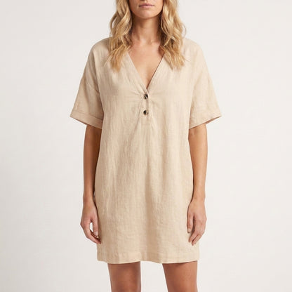 Relaxed V-Neck Mini Dress with Button Placket and Curved Hemline