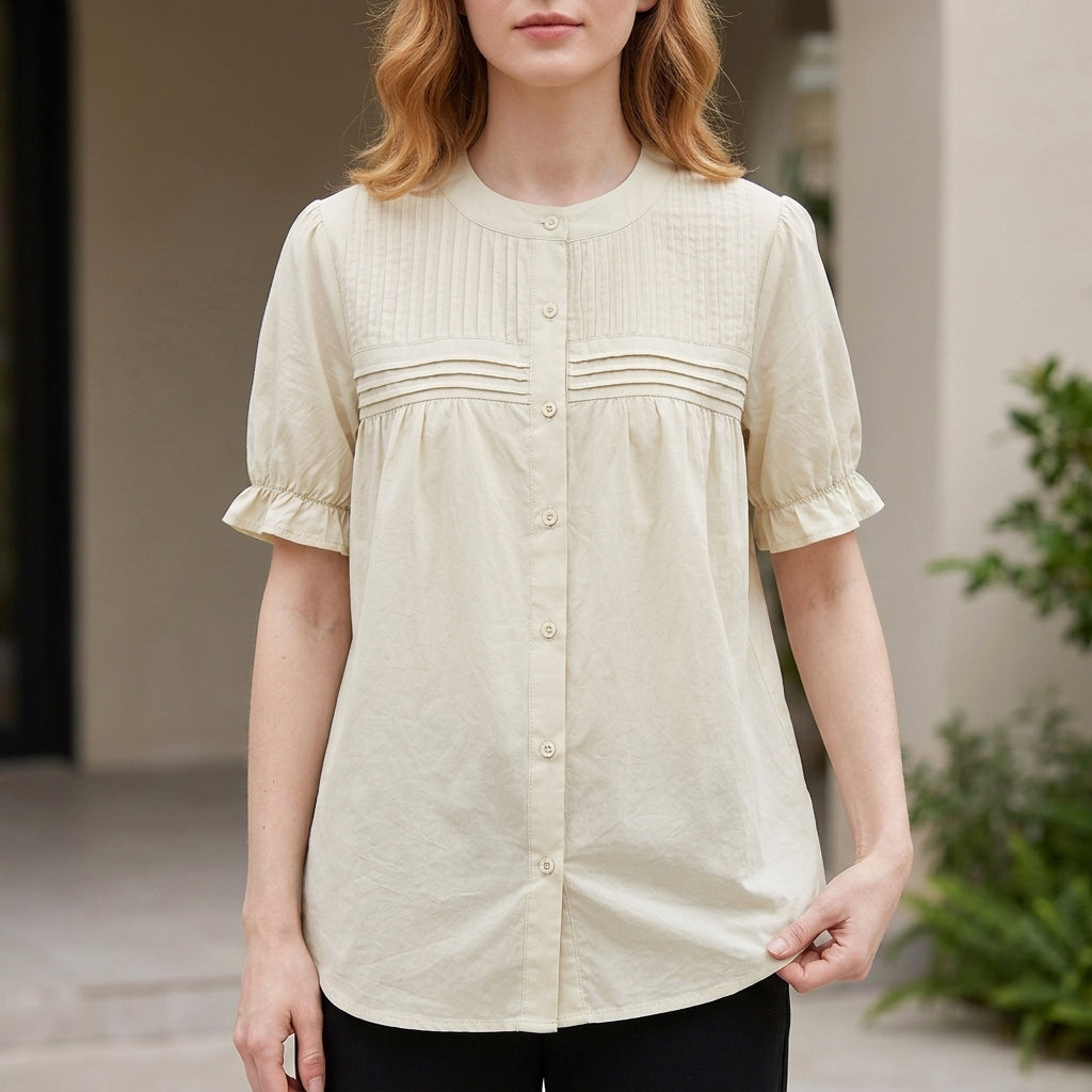 Vintage Pintuck Button-Front Puff Sleeve Blouse