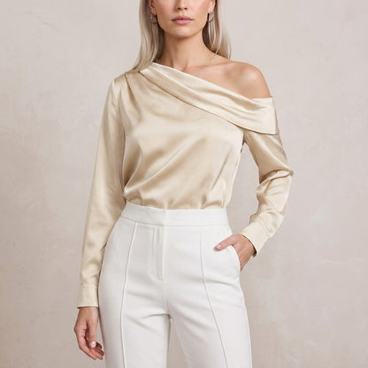 Elegant Off-Shoulder Blouse with Draped Asymmetrical Neckline