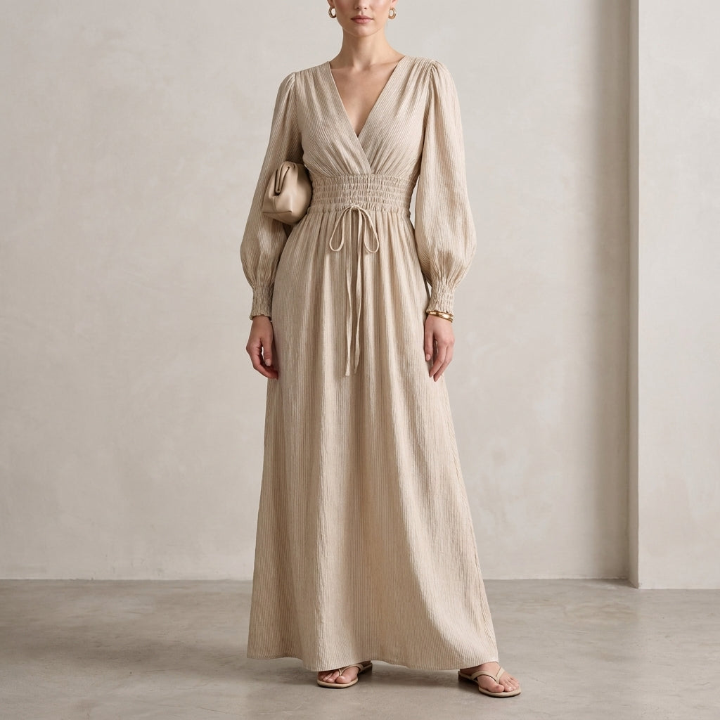 V-Neck Shirred Waist Maxi Dress with Subtle Vertical Texture