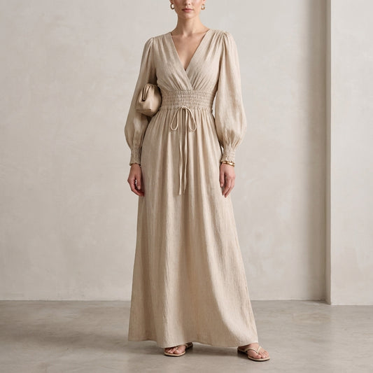 V-Neck Shirred Waist Maxi Dress with Subtle Vertical Texture