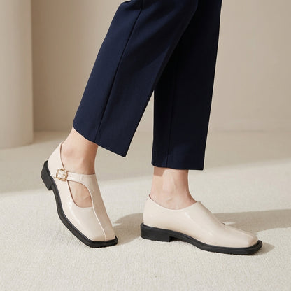 Square-Toe Flat Loafers with Hollow T-Strap and Buckle Closure