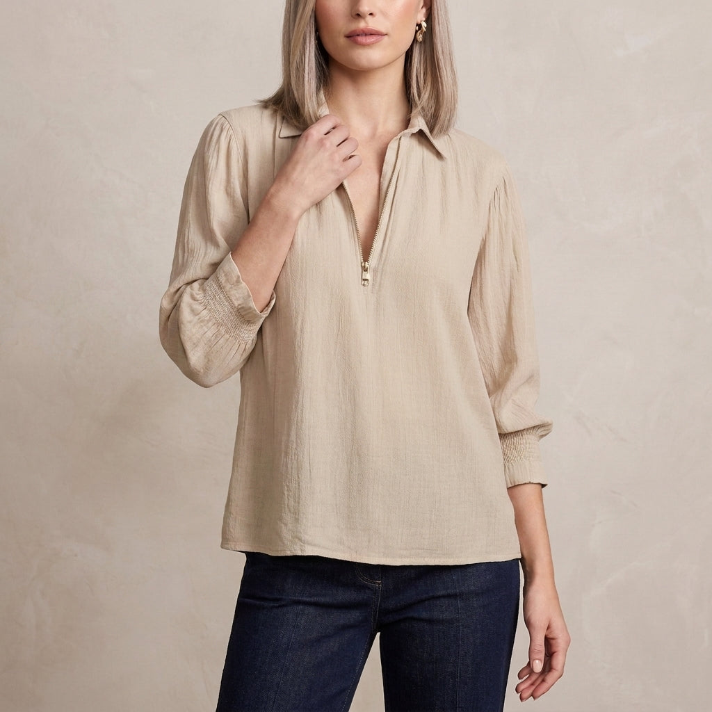 Relaxed Fit Half-Zip Pullover Blouse with Gathered Shoulders