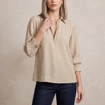 Relaxed Fit Half-Zip Pullover Blouse with Gathered Shoulders