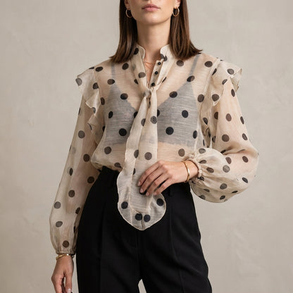 Sheer Polka Dot Blouse with Statement Tie Neck and Ruffle Details