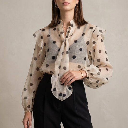 Sheer Polka Dot Blouse with Statement Tie Neck and Ruffle Details