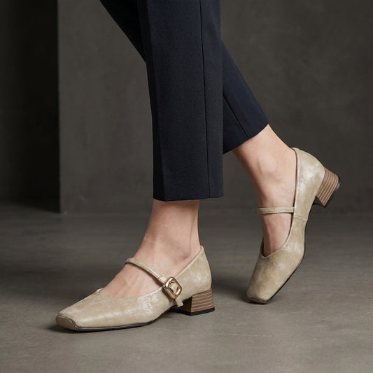 Vintage Inspired Mary Jane Heels with Soft Metallic Finish and Buckle