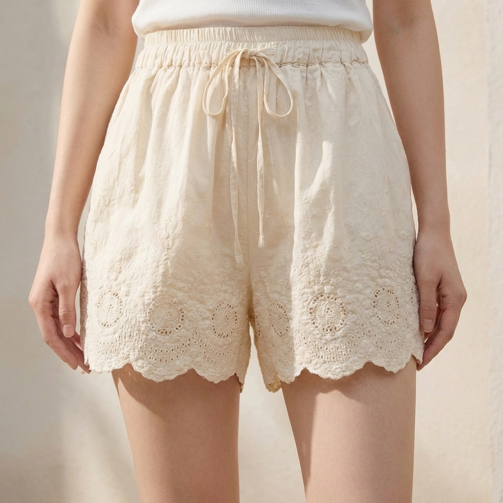Embroidered Lace-Trimmed Shorts with Drawstring Waist and Scalloped Hem