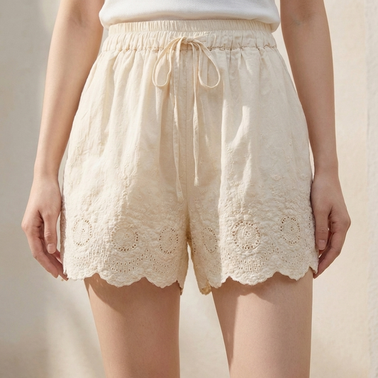 Embroidered Lace-Trimmed Shorts with Drawstring Waist and Scalloped Hem