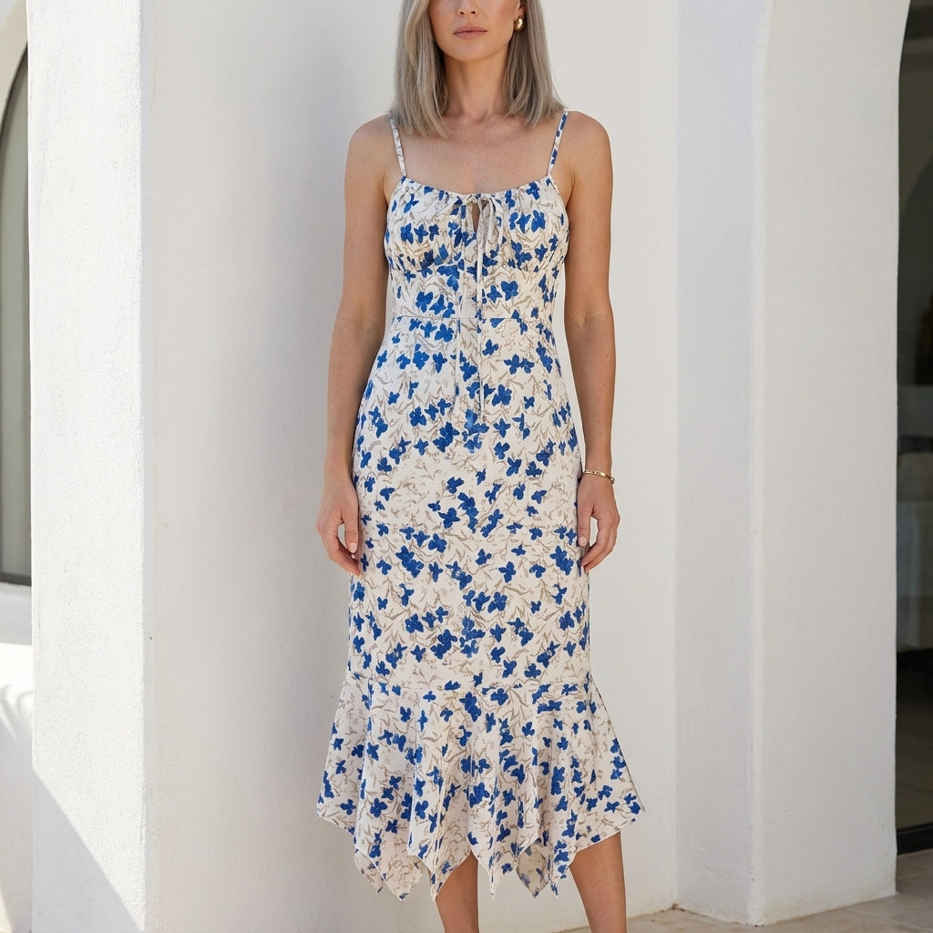 Azure Bloom Ruched Floral Midi Dress