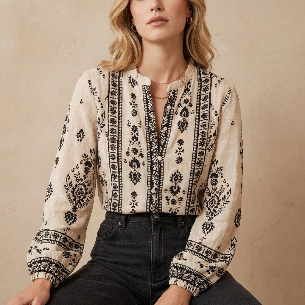 Flowing French-Style Printed Blouse with Mandarin Collar and Gathered Cuffs