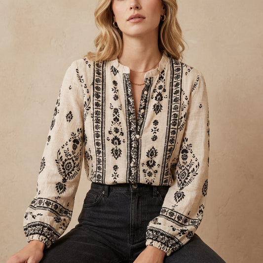 Flowing French-Style Printed Blouse with Mandarin Collar and Gathered Cuffs