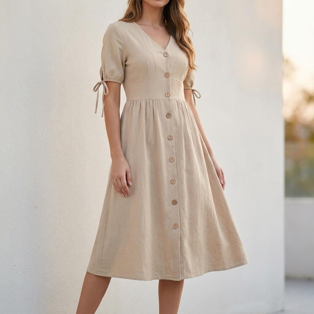Structured Woven A-Line Midi Dress with V-Neck and Adjustable Sleeves
