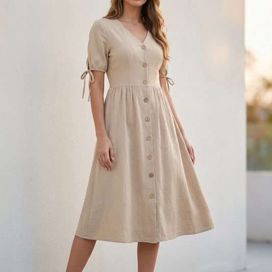 Structured Woven A-Line Midi Dress with V-Neck and Adjustable Sleeves