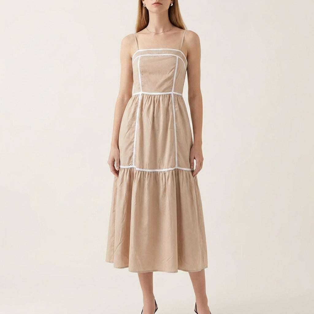 Tiered Midi Dress with Structured Bodice and Flowing Gathered Skirt