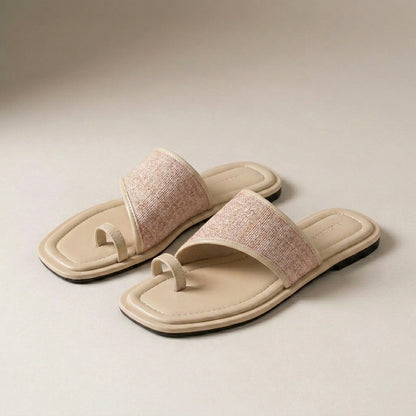 Asymmetrical Woven Toe-Loop Slide Sandals with Cushioned Footbed