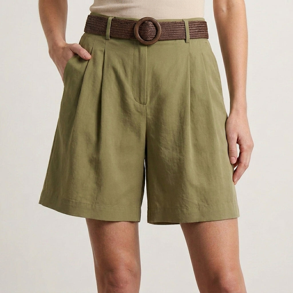 Pleated Tailored Shorts with Woven Buckle Belt