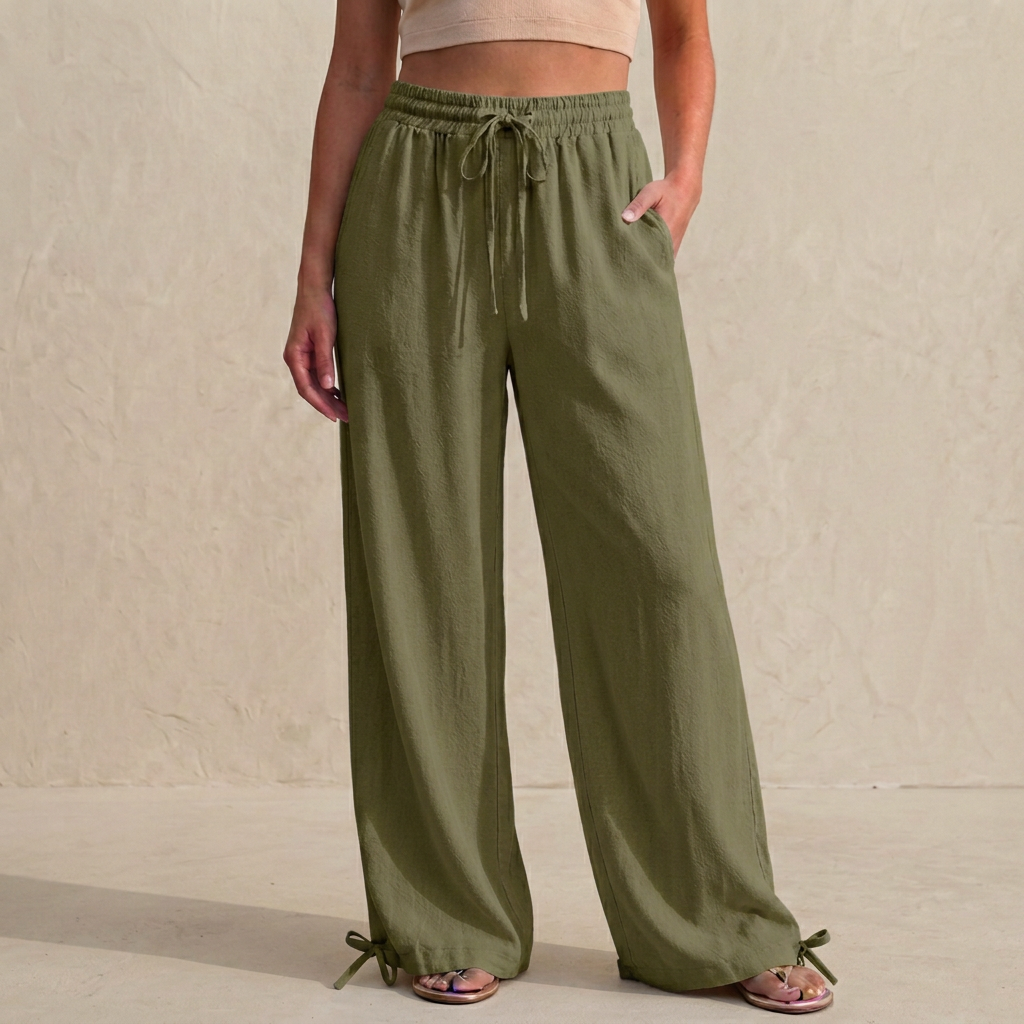 Relaxed Wide-Leg Trousers with Drawstring and Ankle Tie Detail