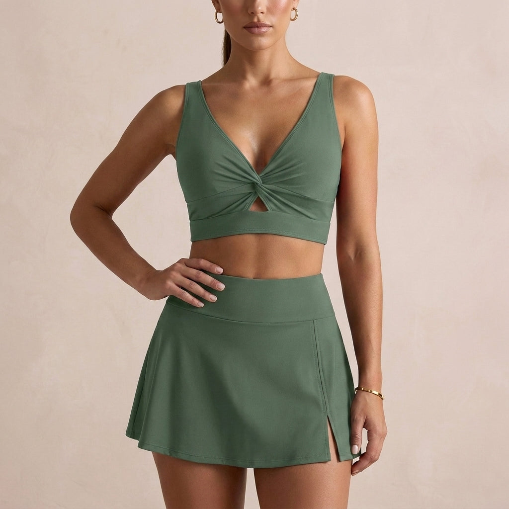 Twist-Front Two-Piece Bikini Set with High-Waisted Swim Skirt