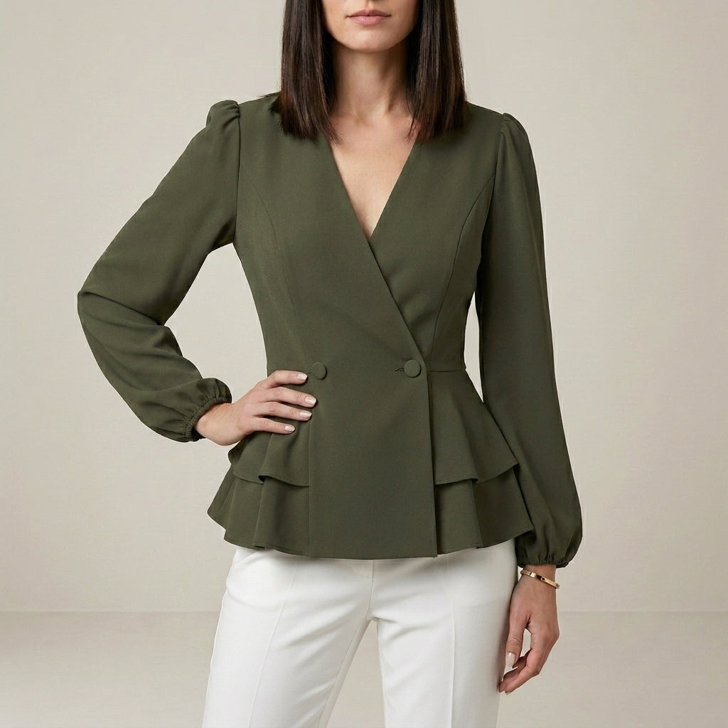 Tailored Peplum Wrap Blouse with Statement Sleeves