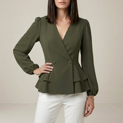 Tailored Peplum Wrap Blouse with Statement Sleeves