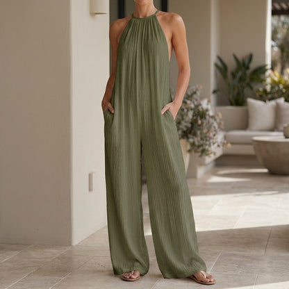 Pleated Halter Jumpsuit with Flowing Wide Leg Silhouette
