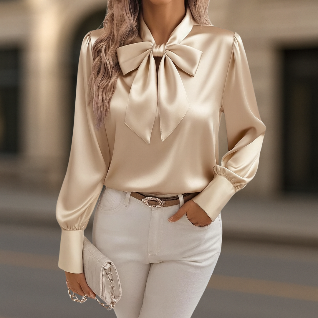 Silky Satin Relaxed Blouse with Oversized Bow and Puffed Sleeves